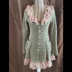Unique long green & pink ruffled cardigan by Ryu